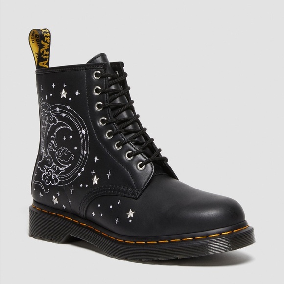 Dr. Martens Shoes - Dr. Martens Black Lace-Up Boots with White Celestial Embroidery